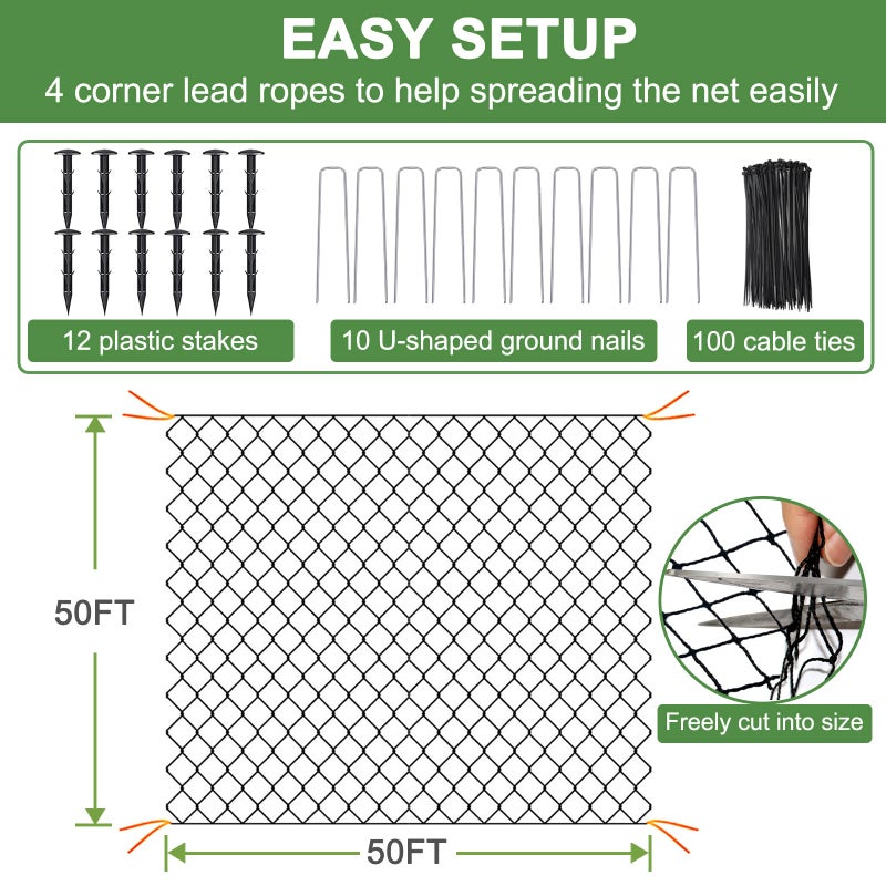 DQS Bird Net - 50' x 50' Garden Netting with 2.4" Square Mesh Protect Fruit Tree, Plant & Vegetables from Poultry, Deer and Pests, Heavy Duty Tree Net for Garden, Farm, Orchard, etc. - Image 3